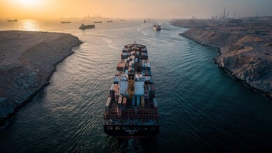 Container ship transiting narrow strait, Strait of Hormuz, Persian Gulf