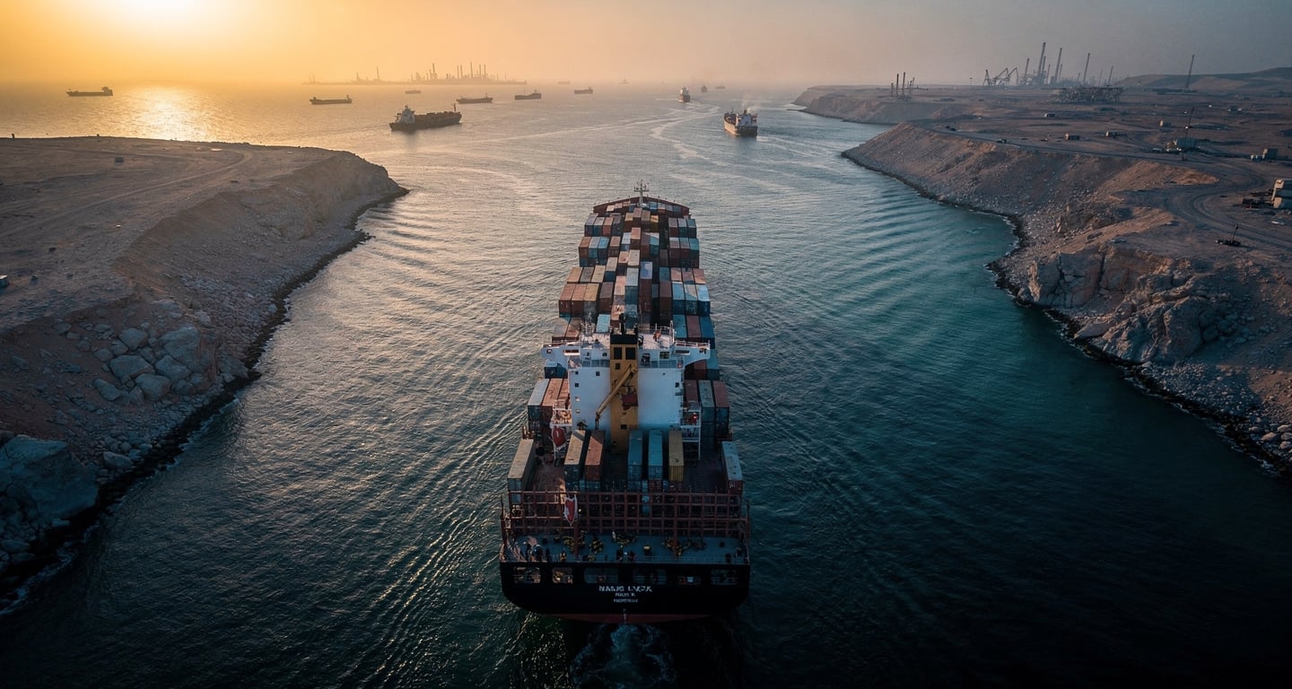 Container ship transiting narrow strait, Strait of Hormuz, Persian Gulf