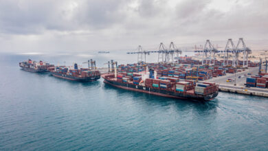 Container ships at port terminal in Salalah, Oman, aerial view