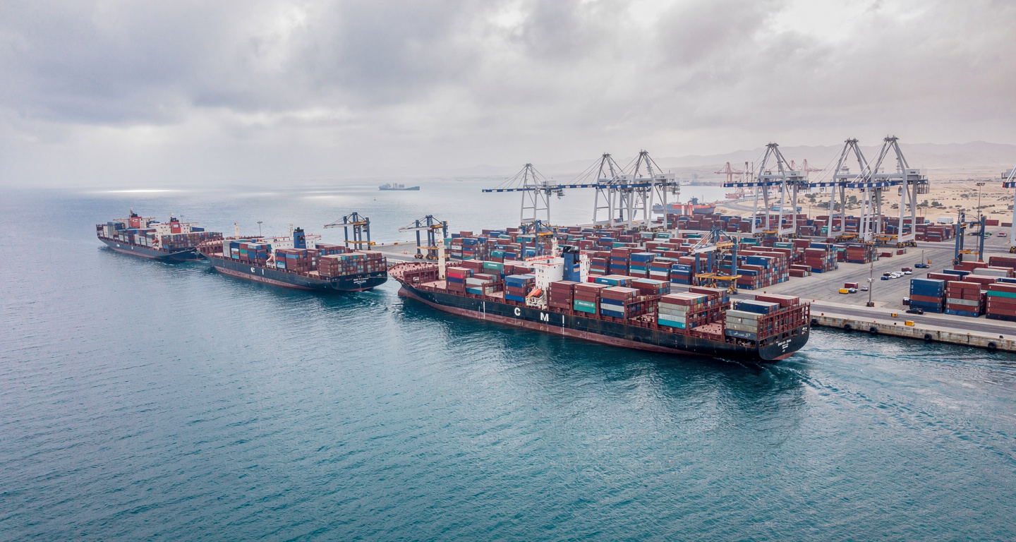 Container ships at port terminal in Salalah, Oman, aerial view