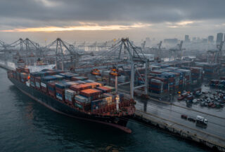 Container terminal at Far East port with stacked shipping containers and loading equipment at dawn
