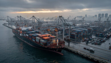 Container terminal at Far East port with stacked shipping containers and loading equipment at dawn