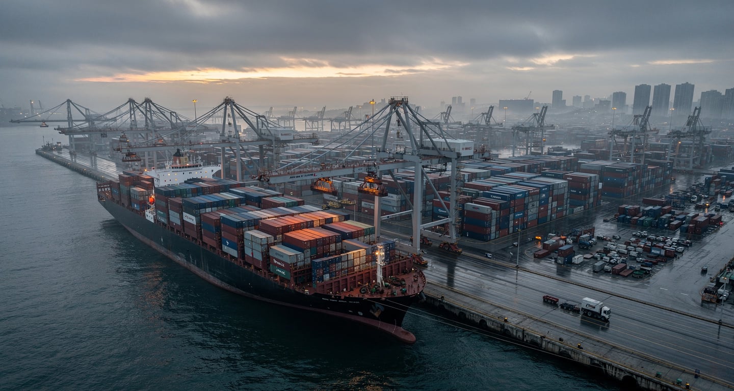 Container terminal at Far East port with stacked shipping containers and loading equipment at dawn