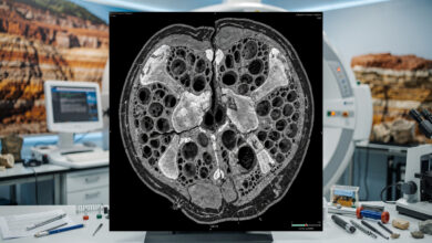 CT scan of fossil vertebra showing internal air cavities and bony structures