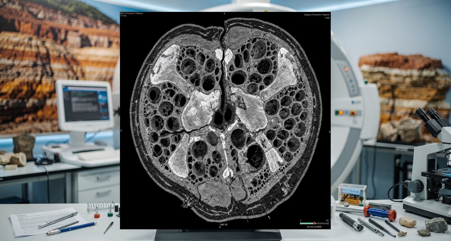 CT scan of fossil vertebra showing internal air cavities and bony structures