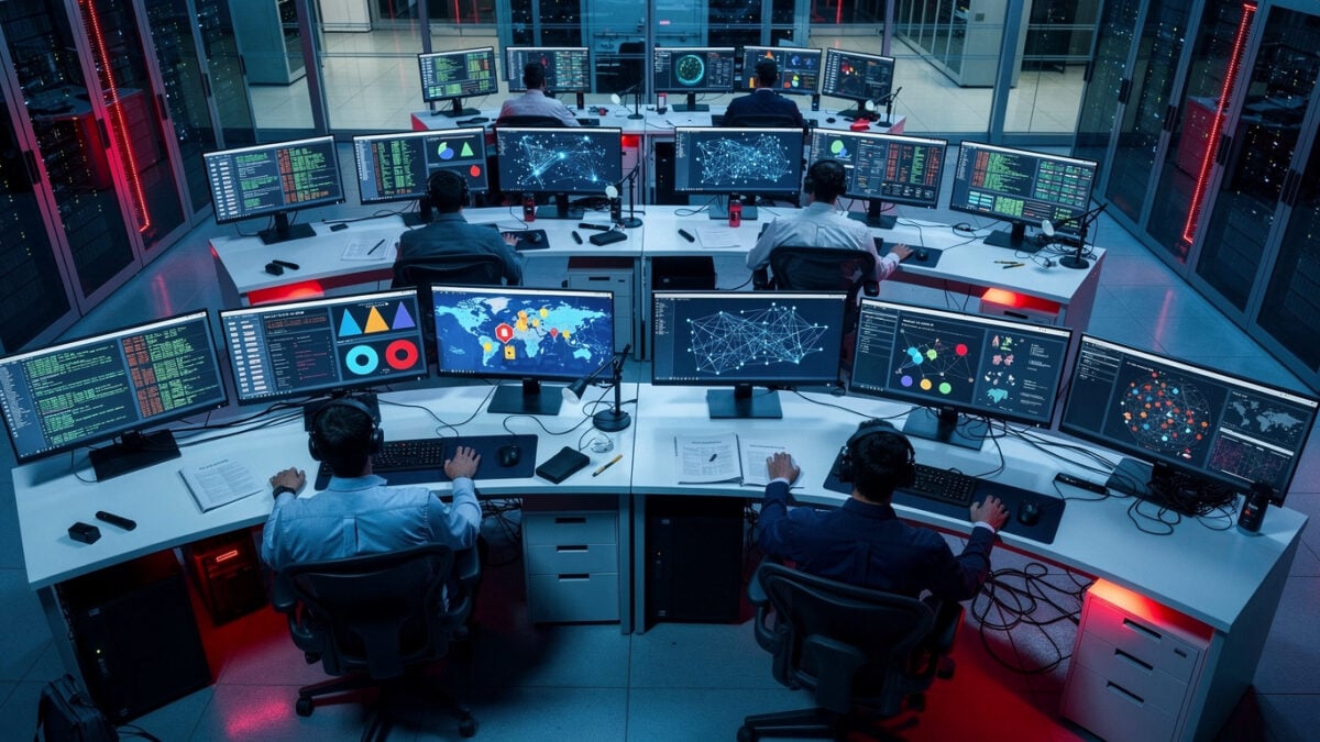 Cybersecurity operations center with network monitoring displays and malware analysis dashboards