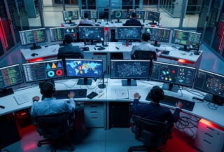 Cybersecurity operations center with network monitoring displays and malware analysis dashboards