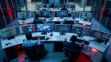 Cybersecurity operations center with network monitoring displays and malware analysis dashboards