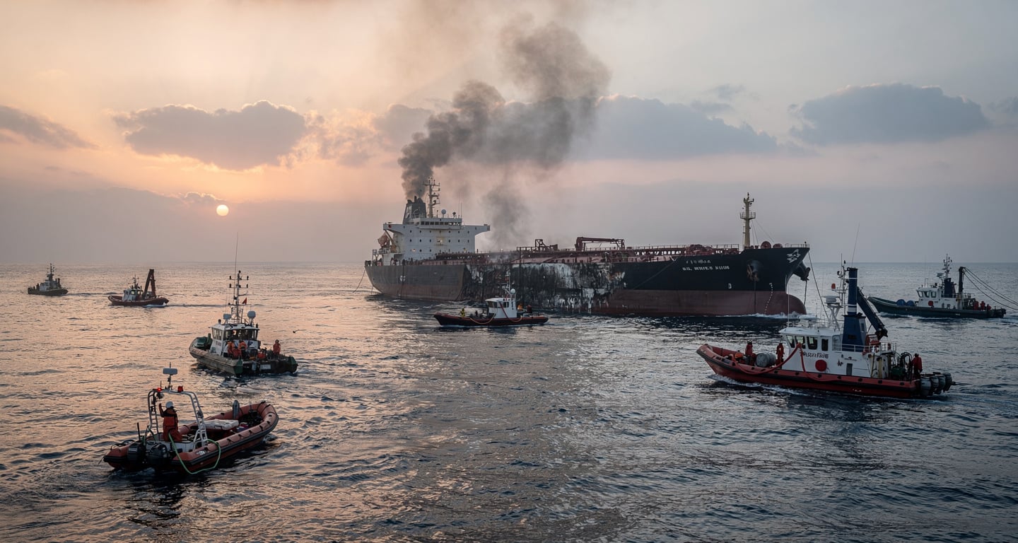 Damaged tanker in Strait of Hormuz with rescue vessels responding