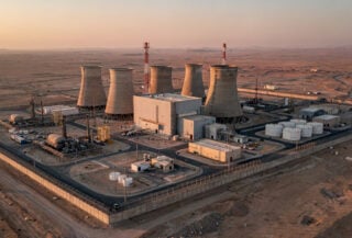 Darkhovin nuclear facility, Khuzestan province, Iran, industrial reactor structure in desert landscape