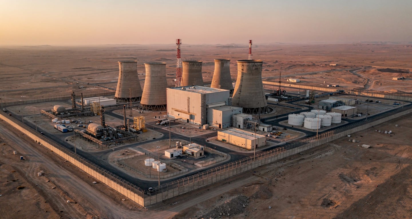 Darkhovin nuclear facility, Khuzestan province, Iran, industrial reactor structure in desert landscape