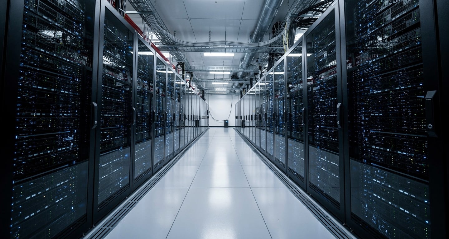 Data center interior with GPU server racks under blue LED lighting, Tokyo