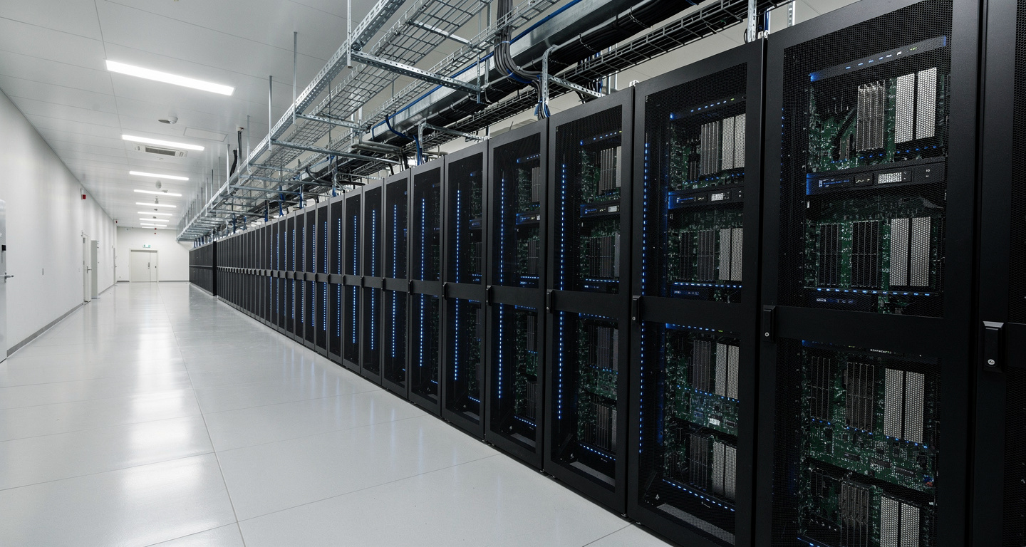 Data center interior with GPU server racks and industrial cooling infrastructure, Japan