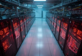 Data center server room with red alert indicators and encryption locks, cybersecurity threat visualization
