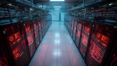 Data center server room with red alert indicators and encryption locks, cybersecurity threat visualization