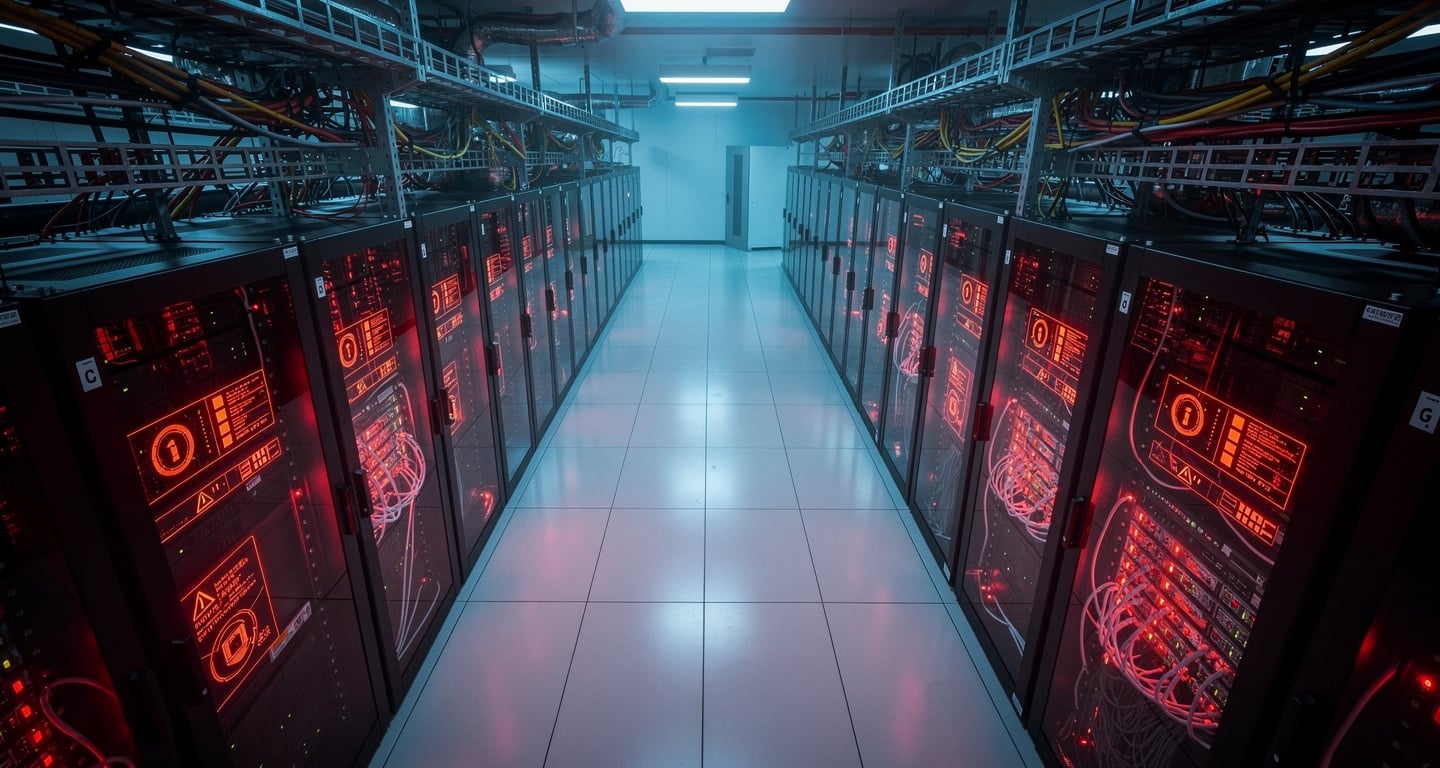 Data center server room with red alert indicators and encryption locks, cybersecurity threat visualization