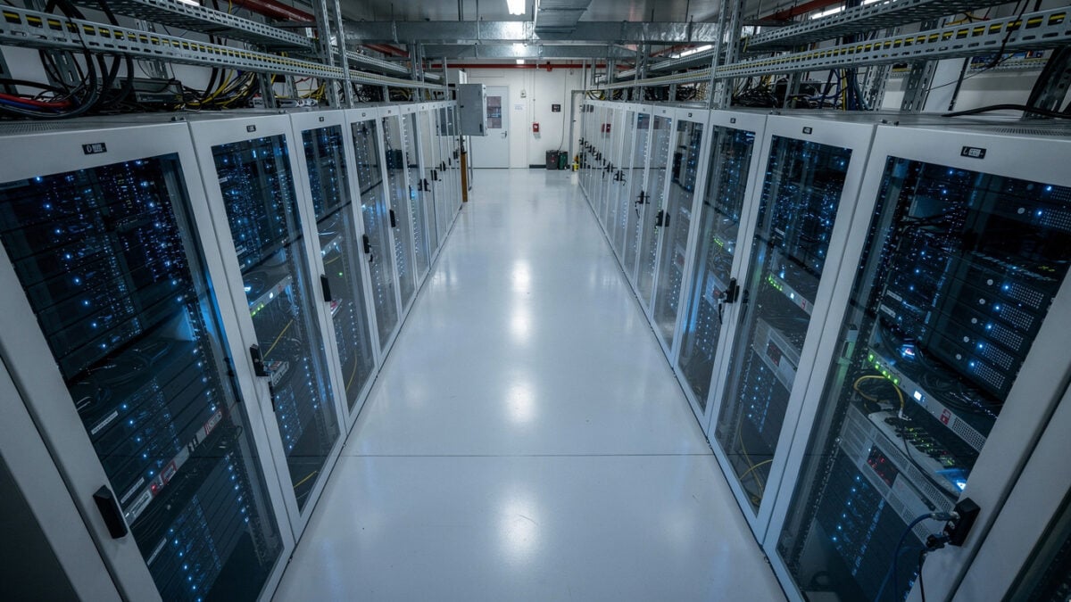 Data center server racks with blue LED lighting, Singapore industrial facility