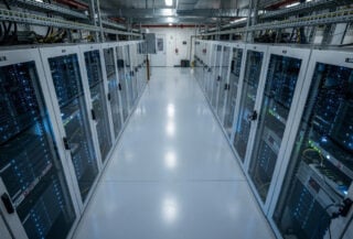 Data center server racks with blue LED lighting, Singapore industrial facility