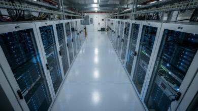 Data center server racks with blue LED lighting, Singapore industrial facility