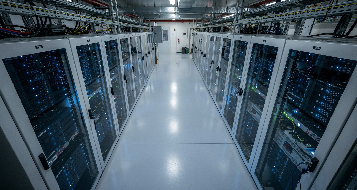 Data center server racks with blue LED lighting, Singapore industrial facility