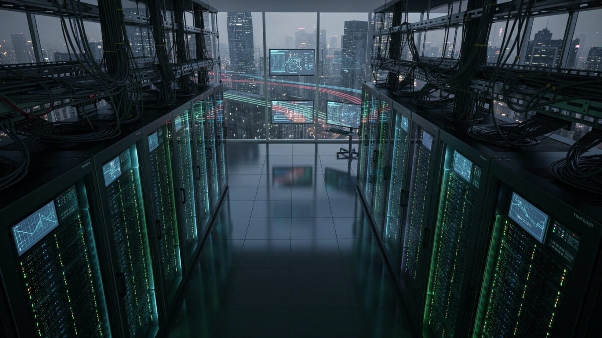 Data center with glowing server racks and network cables, overhead view, digital data streams