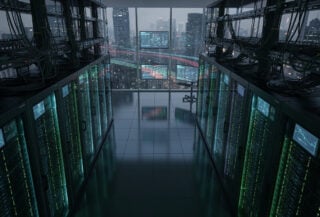 Data center with glowing server racks and network cables, overhead view, digital data streams