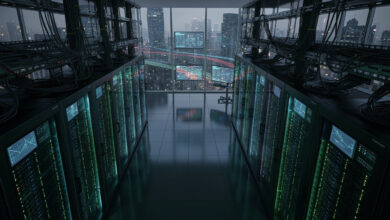 Data center with glowing server racks and network cables, overhead view, digital data streams