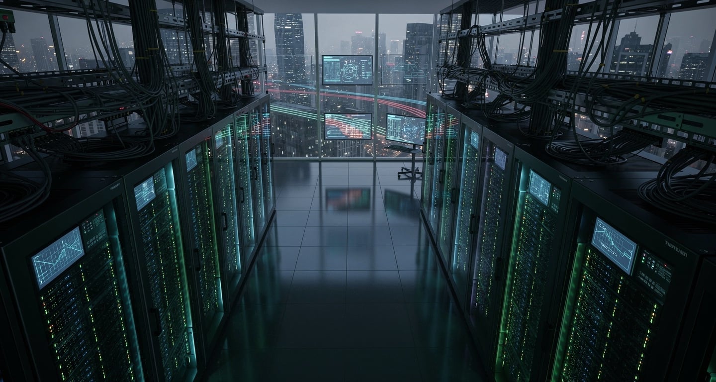 Data center with glowing server racks and network cables, overhead view, digital data streams