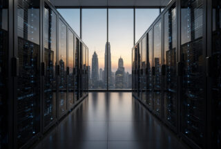 Data center server racks with Shanghai skyline at dusk, blue lighting