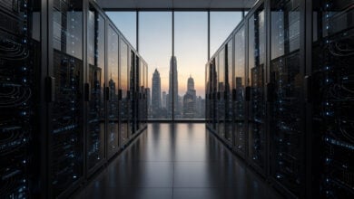 Data center server racks with Shanghai skyline at dusk, blue lighting