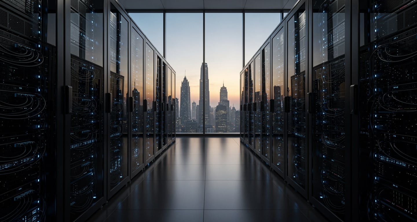 Data center server racks with Shanghai skyline at dusk, blue lighting