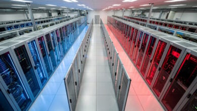 Data center server racks with blue and red lighting symbolizing US-China AI competition