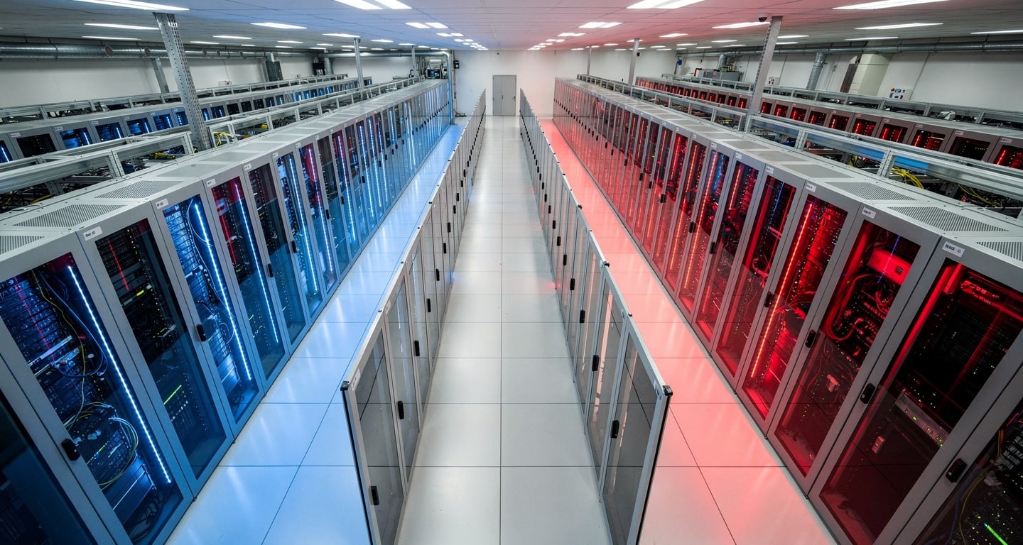 Data center server racks with blue and red lighting symbolizing US-China AI competition