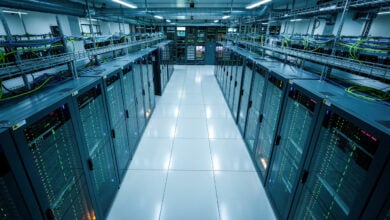 Data center servers in Bangkok, Southeast Asia, blue-green lighting