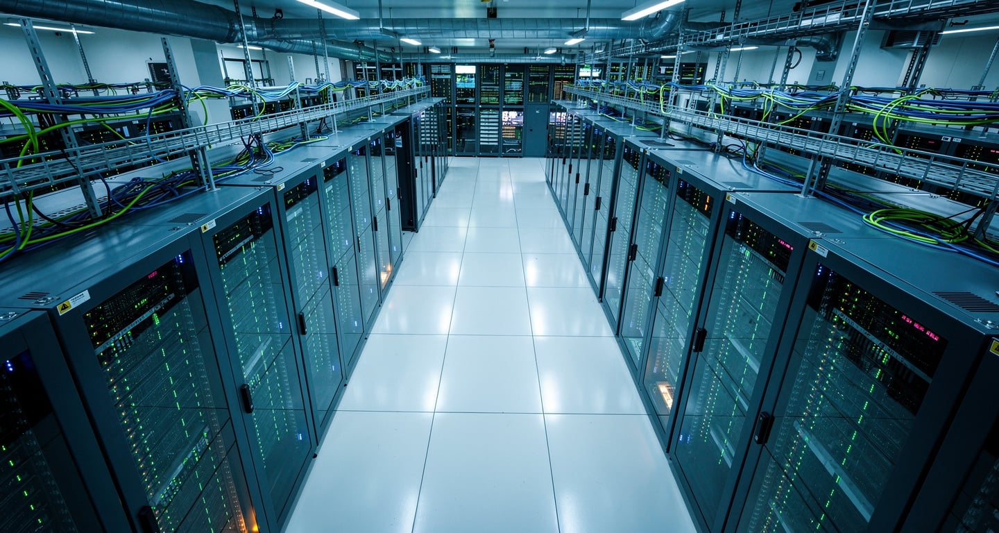 Data center servers in Bangkok, Southeast Asia, blue-green lighting