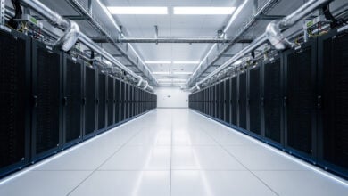 Data centre interior with GPU server racks and cooling infrastructure, Tokyo