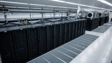 Data centre server facility with industrial cooling systems and overhead lighting