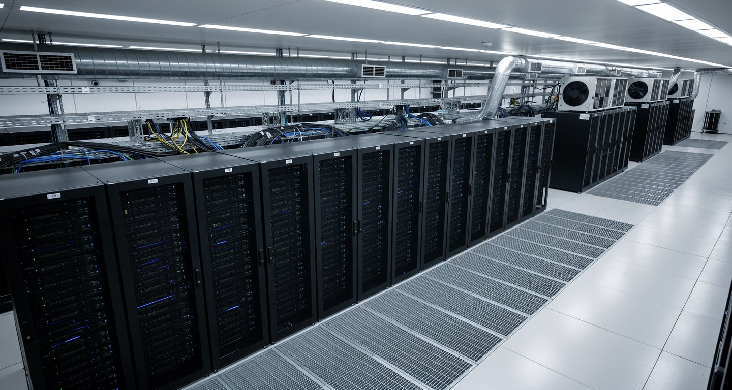 Data centre server facility with industrial cooling systems and overhead lighting