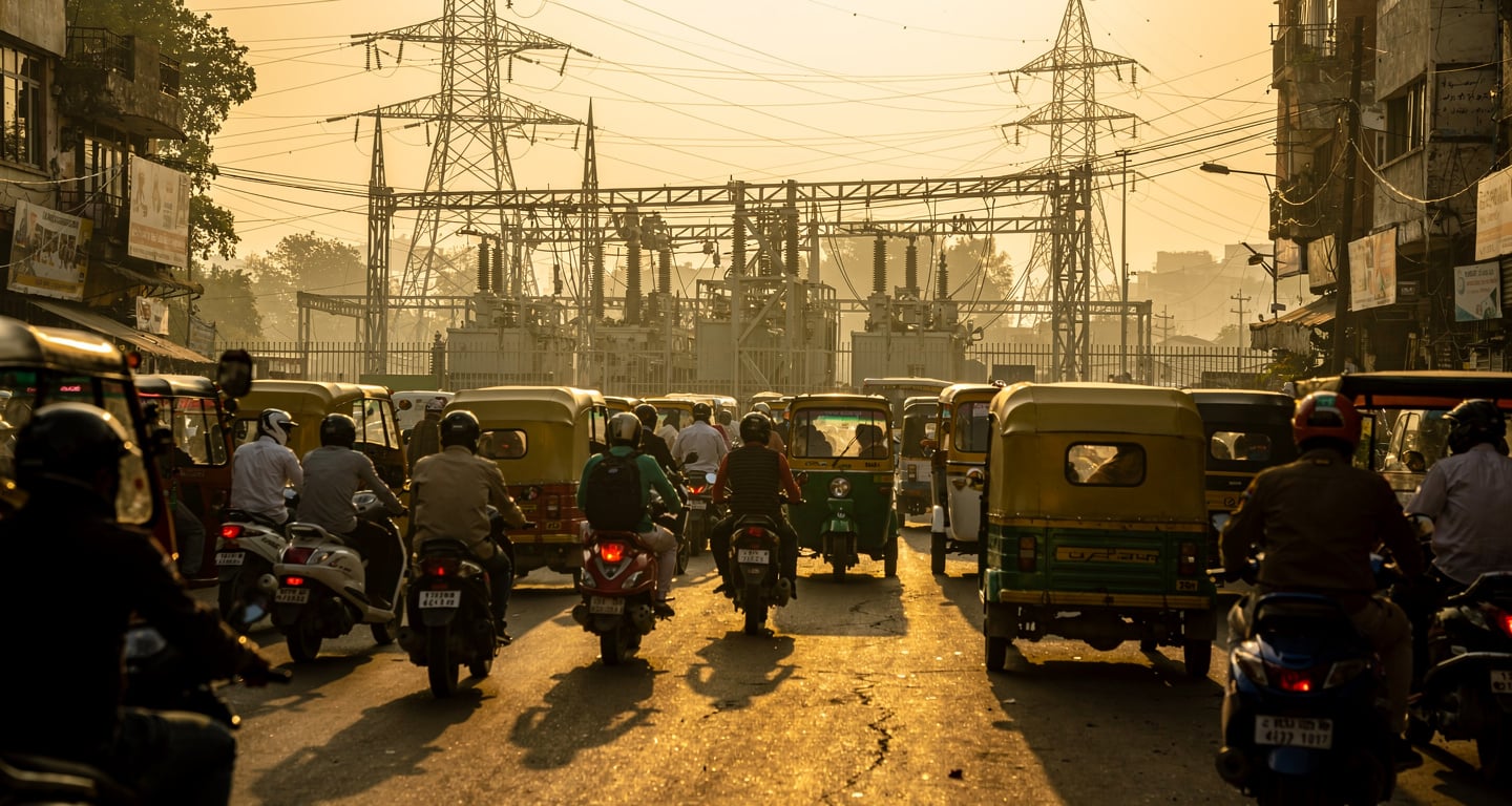 Delhi street traffic with three-wheelers and two-wheelers, power lines overhead