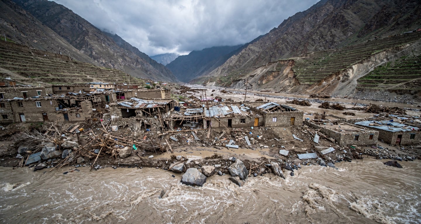 Destroyed buildings and debris in flooded mountain valley, Nuristan province, Afghanistan