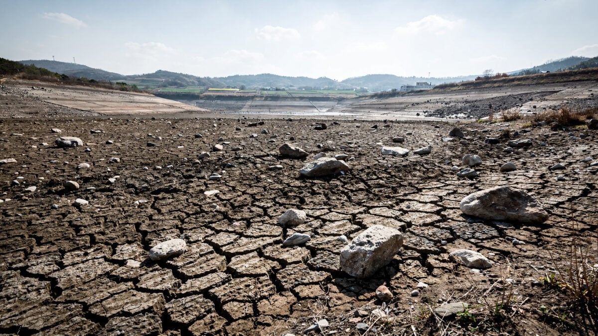 Dried reservoir bed with cracked earth, South Gyeongsang Province, South Korea