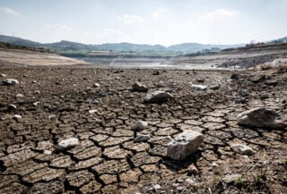 Dried reservoir bed with cracked earth, South Gyeongsang Province, South Korea