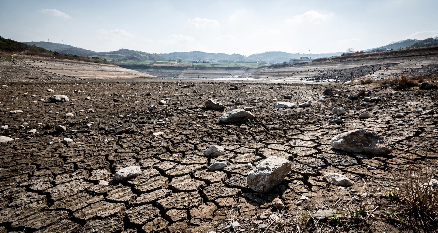 Dried reservoir bed with cracked earth, South Gyeongsang Province, South Korea