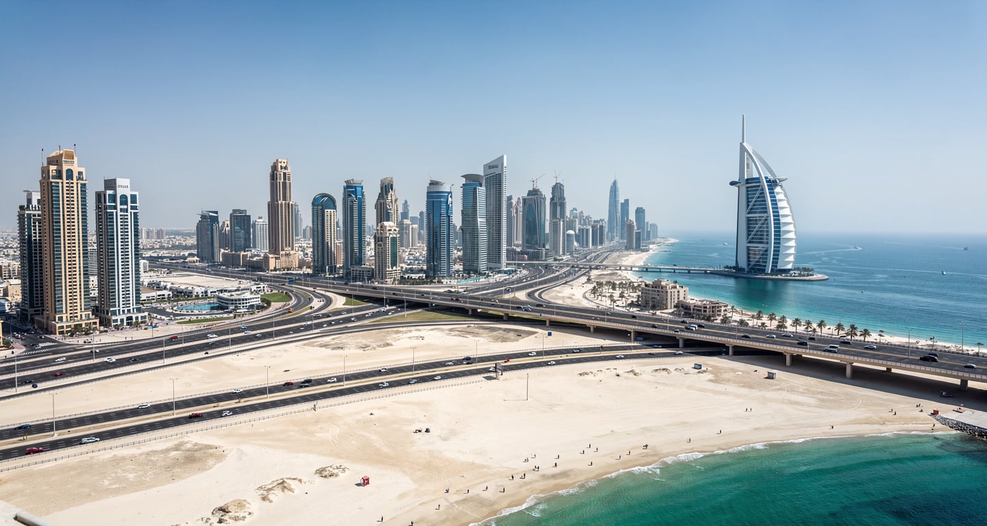 Dubai skyline with sparse tourist crowds, Burj Al Arab visible in distance