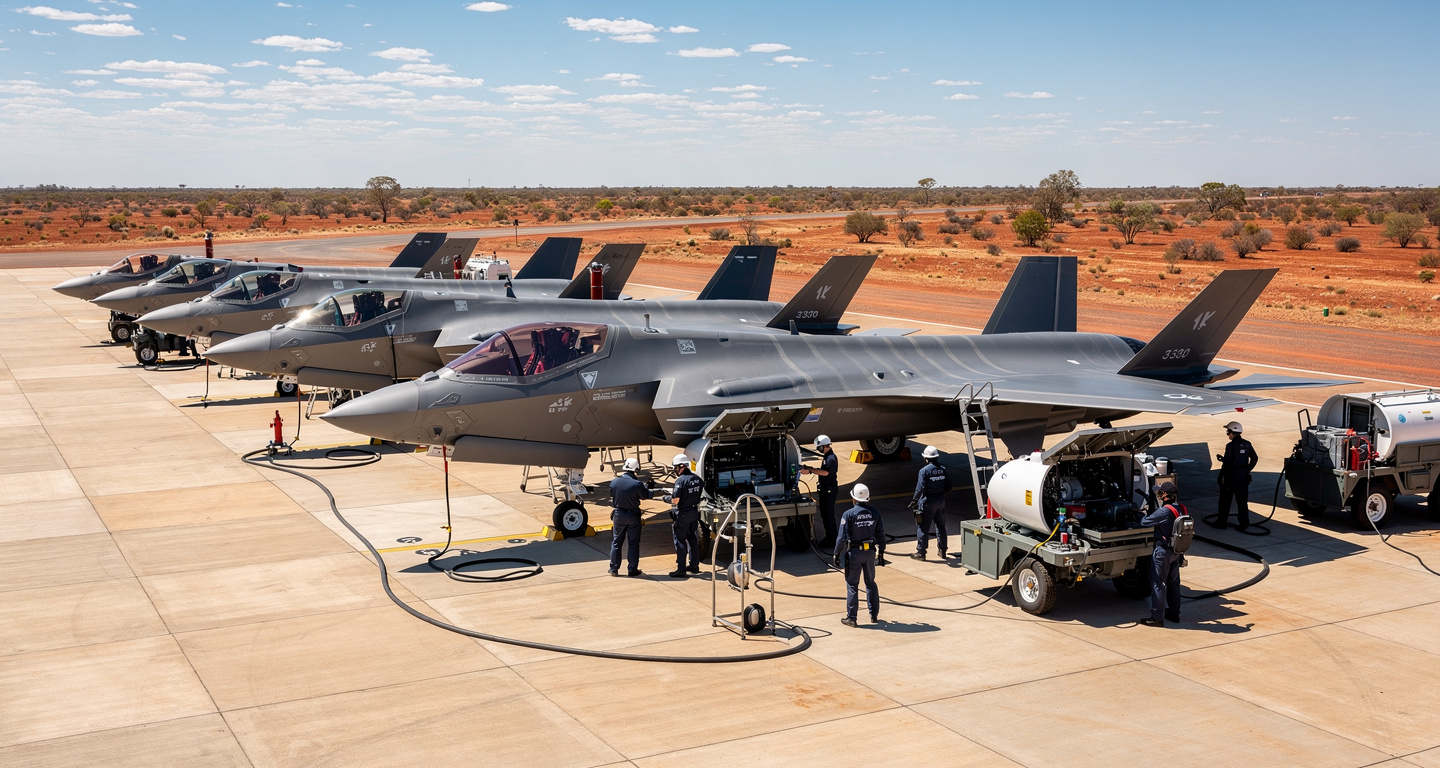 F-35A fighters on tarmac at RAAF Base Tindal with multinational ground crews performing joint maintenance