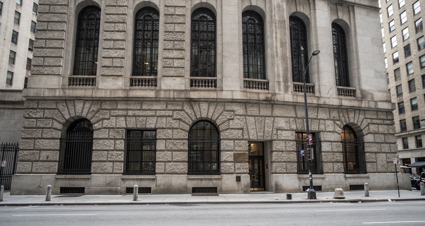 Federal Reserve Bank of New York building exterior, institutional architecture