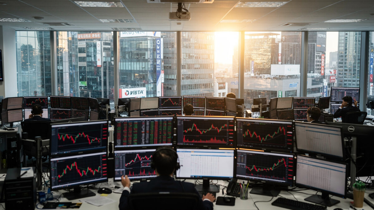 Financial trading floor with red market indices on screens, Seoul financial district