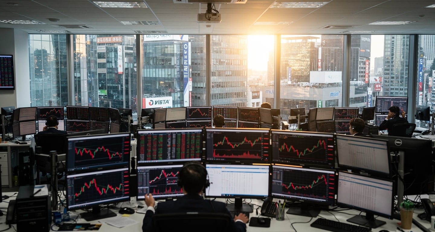 Financial trading floor with red market indices on screens, Seoul financial district