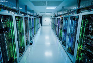 GPU server clusters in Southeast Asian data center, blue-lit computing infrastructure