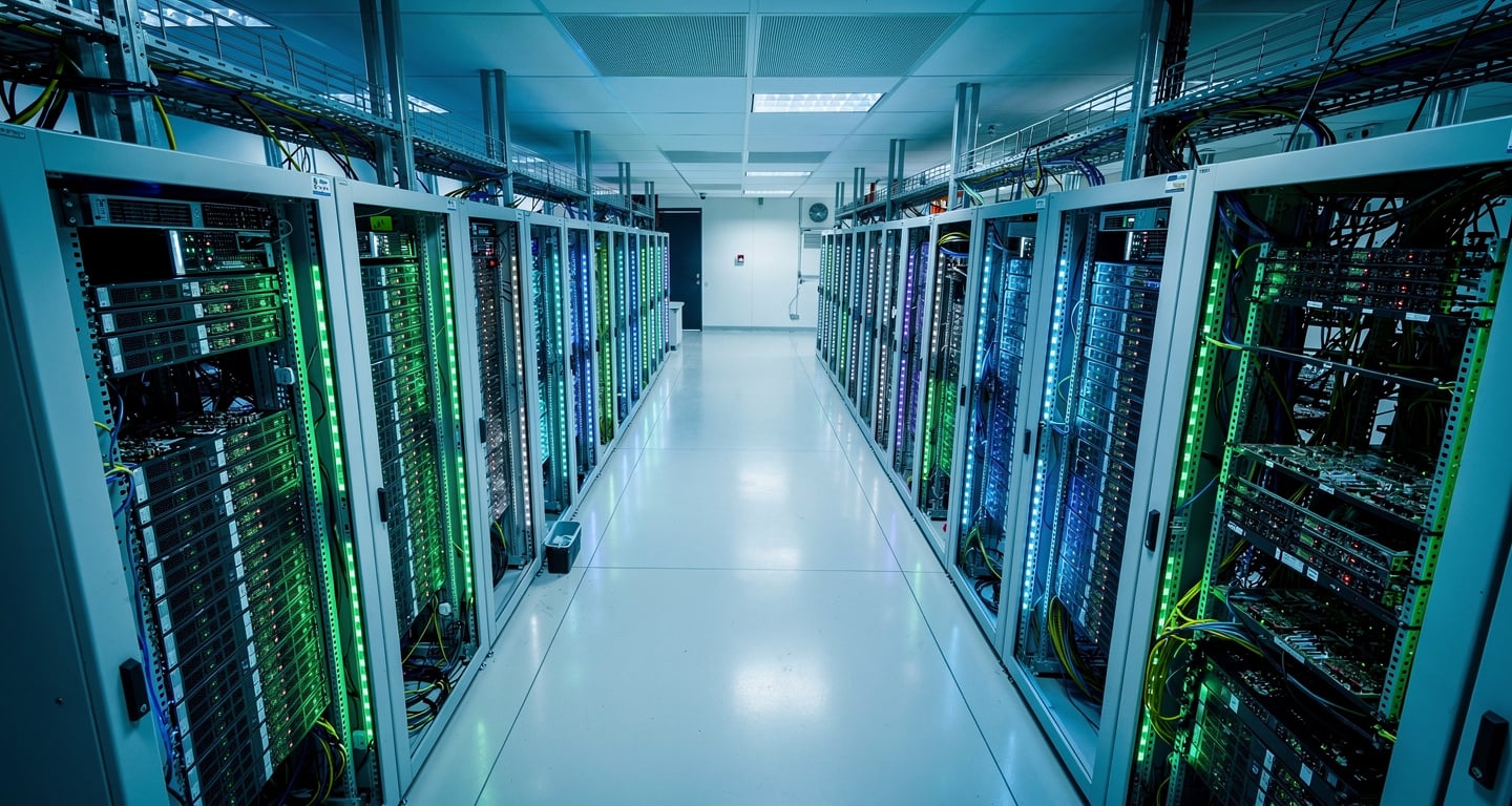 GPU server clusters in Southeast Asian data center, blue-lit computing infrastructure
